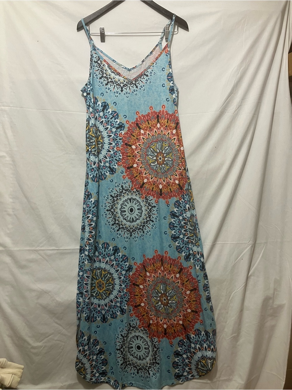Bohemian Blue Floral Maxi Dress with Orange Medallions